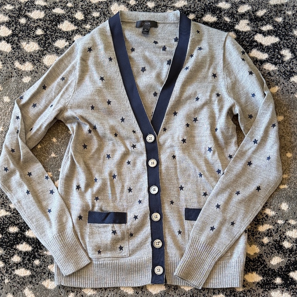 J. Crew Gray Cardigan with Navy Embroidered Stars